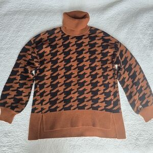 Soia Kyo Wool Blend Turtleneck Puff Sleeve Houndstooth Sweater Copper Brown